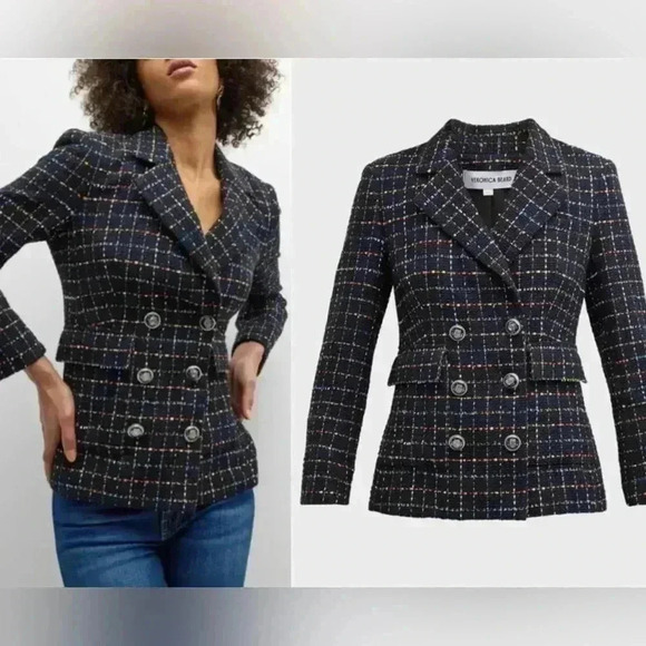 Veronica Beard Dickey Blazer Size 2 Tweed Jacket Rumer Double Breasted Navy Red - Picture 1 of 11